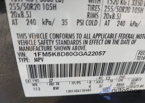 2016 Ford Explorer Xlt из США, поврежденный, VIN 1FM5K8D80GGA22057